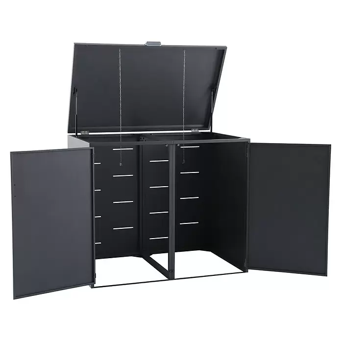 Gardol Mülltonnenbox - 134 x 117,5 cm, Stahl, Anthrazit, Geeignet für Anzahl Mülltonnen: 2 Stk. - Dunkelgraues Metall-Lagerhaus mit offener Klappe (Gasdruckfedern) und offenen Türen. Innen horizontale Schlitze und Ketten.
