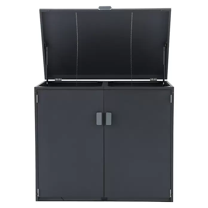 Gardol Mülltonnenbox - 134 x 117,5 cm, Stahl, Anthrazit, Geeignet für Anzahl Mülltonnen: 2 Stk. - Dunkelgrauer Metall-Aufbewahrungsschrank mit zwei Türen und offener Deckelklappe, von Ketten gestützt.