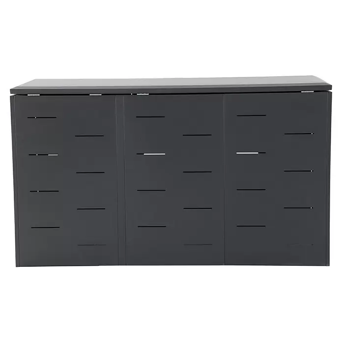 Gardol Mülltonnenbox - 203,5 x 117,5 cm, Stahl, Anthrazit, Geeignet für Anzahl Mülltonnen: 3 Stk. - Dunkelgrauer Outdoor-Schrank mit drei belüfteten Türen und hellgrauem Deckel.
