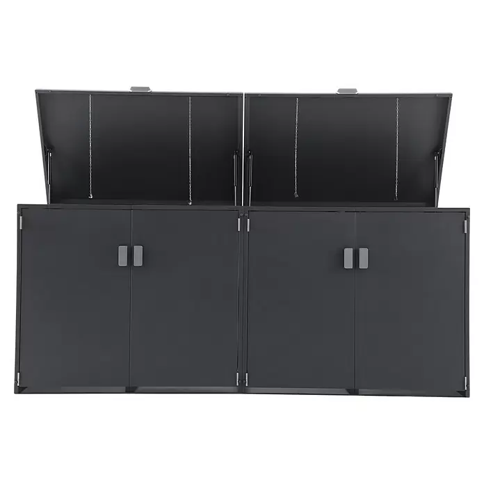 Gardol Mülltonnenbox - 268 x 117,5 cm, Stahl, Anthrazit, Geeignet für Anzahl Mülltonnen: 4 Stk. - Zwei dunkelgraue Metall-Gartenboxen mit geöffneten Klappdeckeln, Gasdruckfedern, Stützketten und Doppeltüren unten.