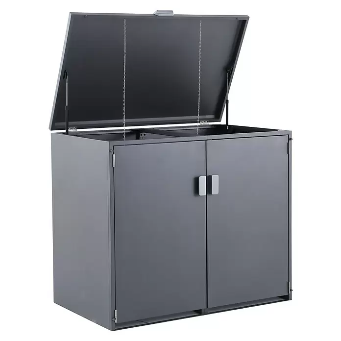 Gardol Mülltonnenbox - 134 x 117,5 cm, Stahl, Anthrazit, Geeignet für Anzahl Mülltonnen: 2 Stk. - Dunkelgrauer Aufbewahrungsschrank mit offener Klappe und zwei geschlossenen Türen.