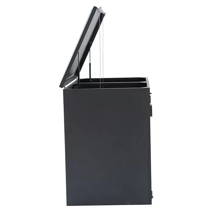 Gardol Mülltonnenbox - 134 x 117,5 cm, Stahl, Anthrazit, Geeignet für Anzahl Mülltonnen: 2 Stk. - Dunkelgraue Metall-Aufbewahrungsbox mit geöffnetem Deckel, Gasfedern und Ketten sichtbar.