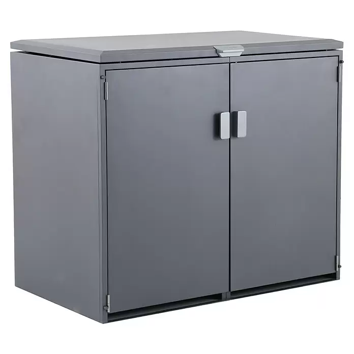 Gardol Mülltonnenbox - 134 x 117,5 cm, Stahl, Anthrazit, Geeignet für Anzahl Mülltonnen: 2 Stk. - Robuster dunkelgrauer Doppeltüren-Lagerschrank mit hellgrauer Platte und silbernen Griffen.