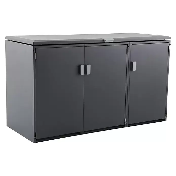 Gardol Mülltonnenbox - 203,5 x 117,5 cm, Stahl, Anthrazit, Geeignet für Anzahl Mülltonnen: 3 Stk. - Dunkelgrauer Gartenschrank mit hellgrauer Platte und Griffen, drei Türen zur Gartenorganisation.