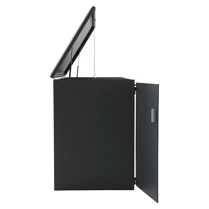 Gardol Mülltonnenbox - 203,5 x 117,5 cm, Stahl, Anthrazit, Geeignet für Anzahl Mülltonnen: 3 Stk. - Anthrazitfarbene Outdoor-Aufbewahrungsbox mit geöffnetem Deckel und teilweise offener Seitentür.