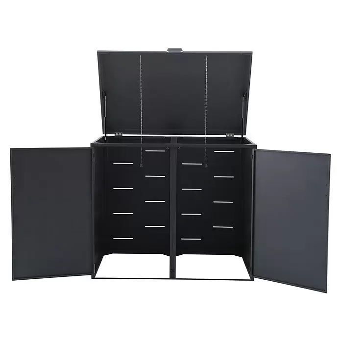 Gardol Mülltonnenbox - 134 x 117,5 cm, Stahl, Anthrazit, Geeignet für Anzahl Mülltonnen: 2 Stk. - Dunkelgrauer Metall-Mülltonnenbox mit geöffnetem Deckel und zwei geöffneten Türen, doppelkammerig.