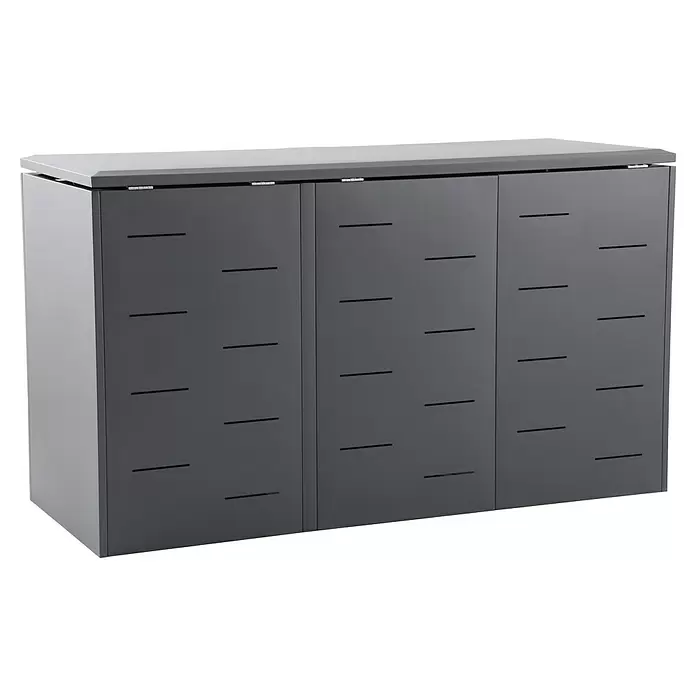 Gardol Mülltonnenbox - 203,5 x 117,5 cm, Stahl, Anthrazit, Geeignet für Anzahl Mülltonnen: 3 Stk. - Dunkelgraue Metall-Outdoor-Aufbewahrungsbox mit hellgrauer Platte und mehreren Lamellenfächern.
