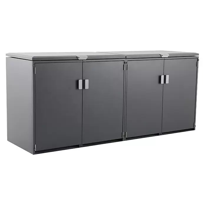 Gardol Mülltonnenbox - 268 x 117,5 cm, Stahl, Anthrazit, Geeignet für Anzahl Mülltonnen: 4 Stk. - Zwei modulare dunkelgraue Outdoor-Lagerschränke mit hellgrauen Oberteilen und Griffen.