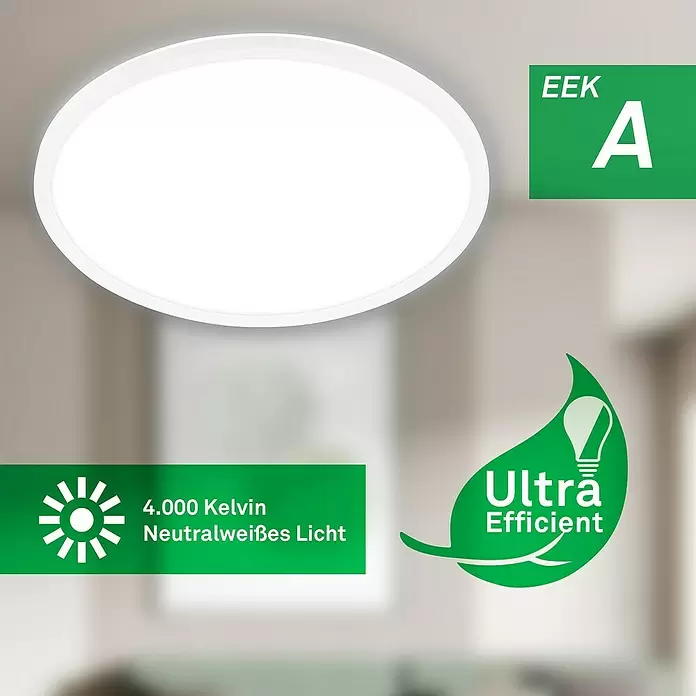 Brilo LED-Panel rund - 14 W, Ø x H: 42 x 3 cm, Weiß, Neutralweiß - Weiße, runde LED-Deckenleuchte mit neutralweißem (4000K) Licht und Energieeffizienzklasse A.