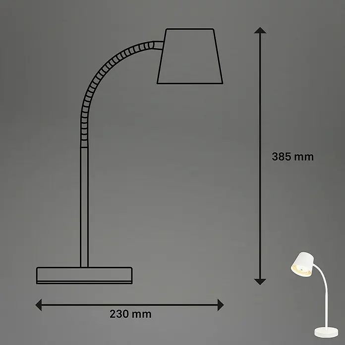 Brilo Akku-Tischleuchte Biwo - 5,5 W, L x B x H: 23 x 13 x 38,5 cm, Weiß, Warmweiß - Skizze einer Schreibtischlampe mit flexiblen Hals und Maßen: 385 mm Höhe und 230 mm Basisbreite für Produktdetails.