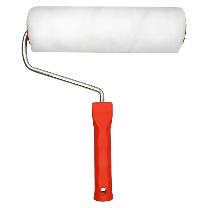 swingcolor Komfort Farbroller - Breite Walze: 25 cm, Bügelstärke: 8 mm, Bügellänge: 27 cm - Ein Farbtoller mit einem weißen Überzug und einem roten Griff, ideal zum einfachen und effizienten Streichen von Wänden und Oberflächen.