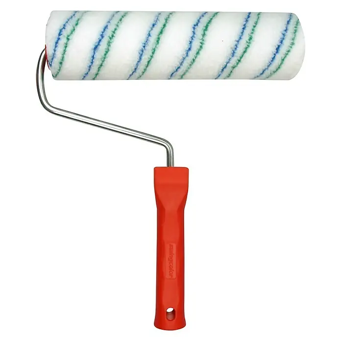 swingcolor Komfort Auftragswalze - Geeignet für: Glatte Oberflächen, Breite Walze: 25 cm, Bügelstärke: 8 mm - Farbroller mit Griff. Der Farbroller hat einen weißen Bezug mit blauen und grünen Streifen. Der Griff ist orange.
