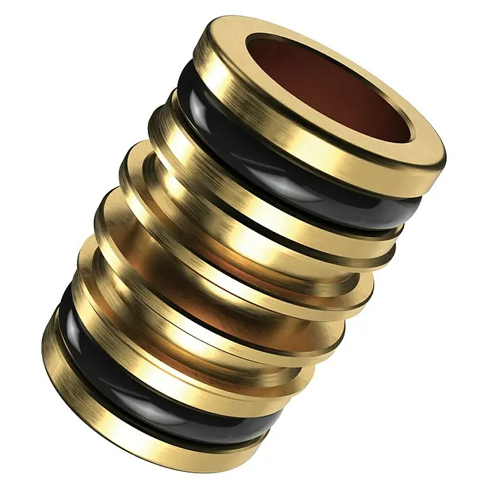 Gewindestecknippel - Messing - Nahaufnahme einer goldenen Gleitringdichtung mit schwarzem O-Ring und hervorragender Oberflächenveredelung.