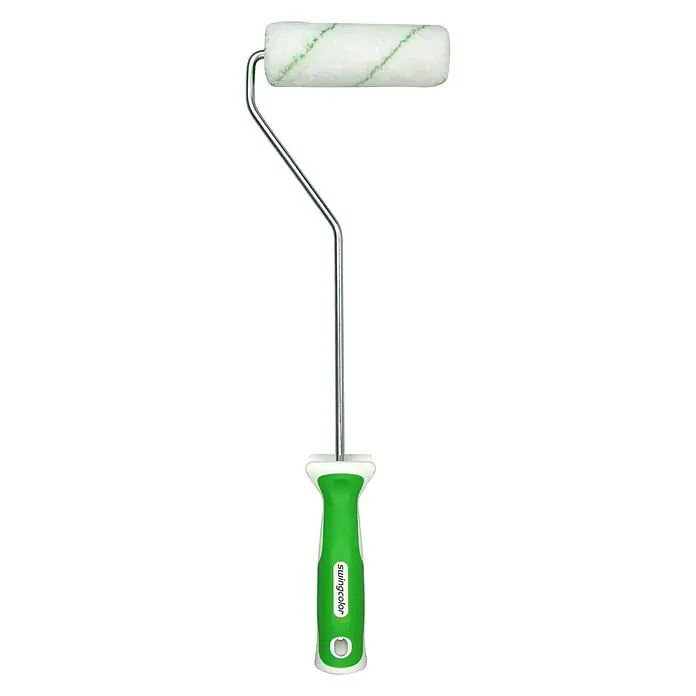 swingcolor Premium Lasurroller XL - Breite Walze: 12 cm, Bügelstärke: 6 mm, Florhöhe: 5 mm - Bild eines Farbrollers mit grünem Griff und weißem Überzug mit grünen Streifen, isoliert auf Weiß.