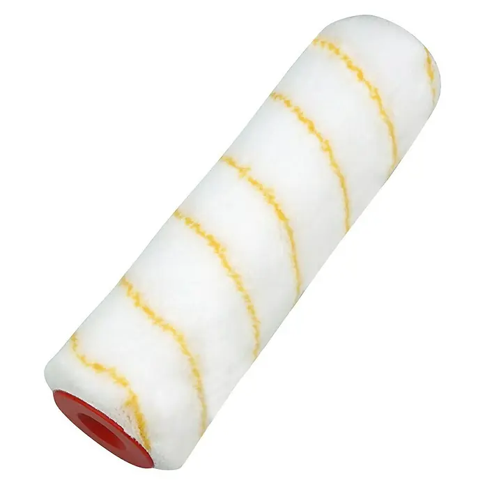 swingcolor Premium Farbwalze - Breite Walze: 25 cm, Bügelstärke: 8 mm, Florhöhe: 11 mm - Dieser Artikel zeigt eine Detailansicht einer Farbwalze, die hauptsächlich in Weiß gehalten ist und gelbe Akzente besitzt. Sie ist für Farbaufträge gedacht.