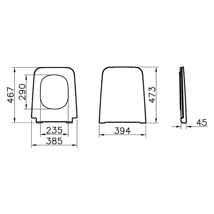 VitrA Equal WC-Sitz - Duroplast, Weiß, Mit Absenkautomatik - Technische Zeichnung eines Toilettensitzes mit Hauptmaßen: Länge 473mm, Breite 394mm, Höhe 45mm.