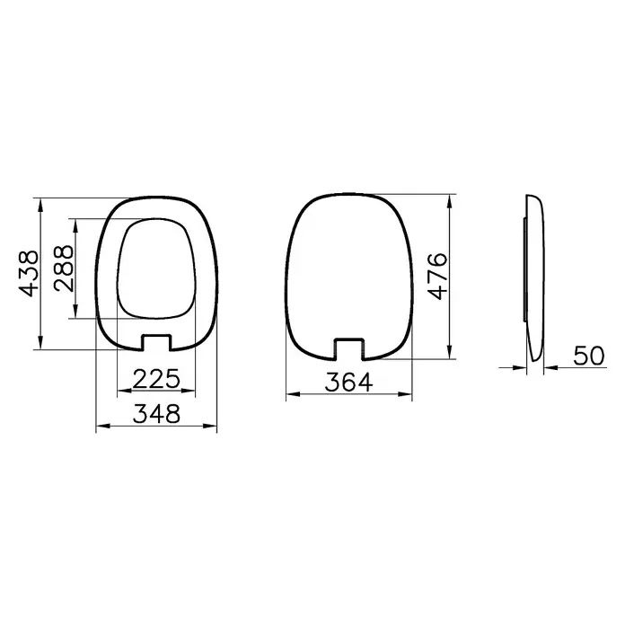 VitrA Plural WC-Sitz - Duroplast, Schwarz, Mit Absenkautomatik - Technische Zeichnung eines Toilettensitzes und Deckels mit Maßen, von oben und der Seite.