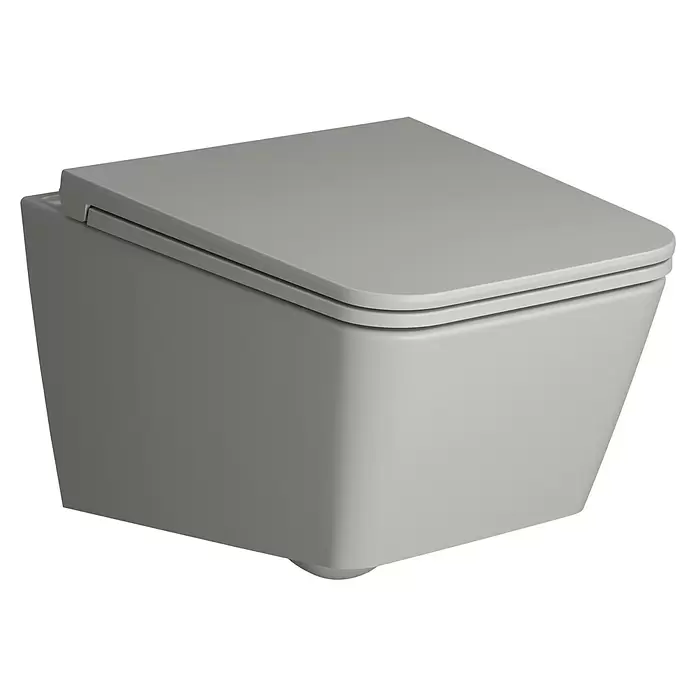 VitrA Equal Wand-WC - Spülrandlos, Mit schmutzabweisender Glasur, Spülform: Tief, WC Abgang: Waagerecht, Steingrau - Graue Wand-WC mit modernem rechteckigem Design und geschlossenem Deckel.