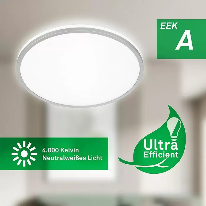 Brilo LED-Panel rund - 8,5 W, Ø x H: 33 x 6 cm, Chrom matt, Neutralweiß - Runde weiße LED-Deckenleuchte mit silbernem Rand, an der Decke montiert.