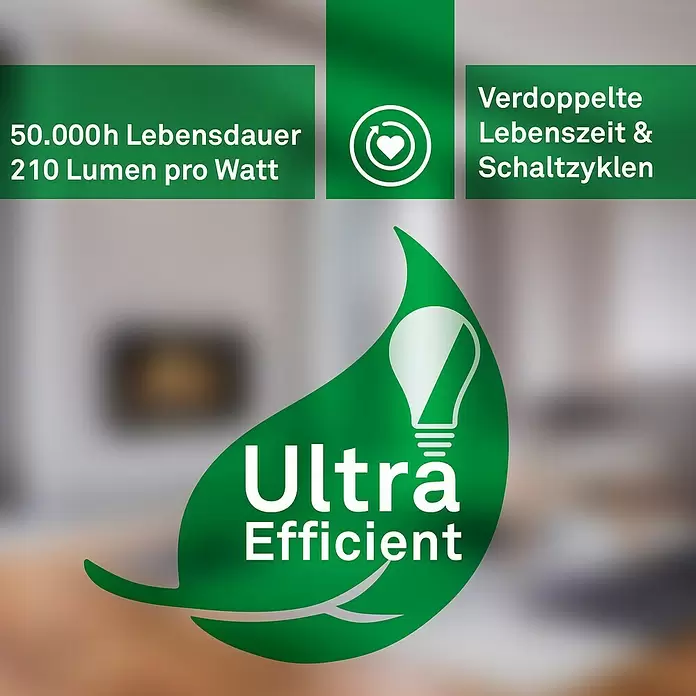 Brilo LED-Panel rund - 8,5 W, Ø x H: 33 x 6 cm, Chrom matt, Neutralweiß - Grüne Grafik mit "Ultra Effizient" Schriftzug und Glühbirnen-Symbol, bewirbt 50.000h Lebensdauer und verdoppelte Haltbarkeit.