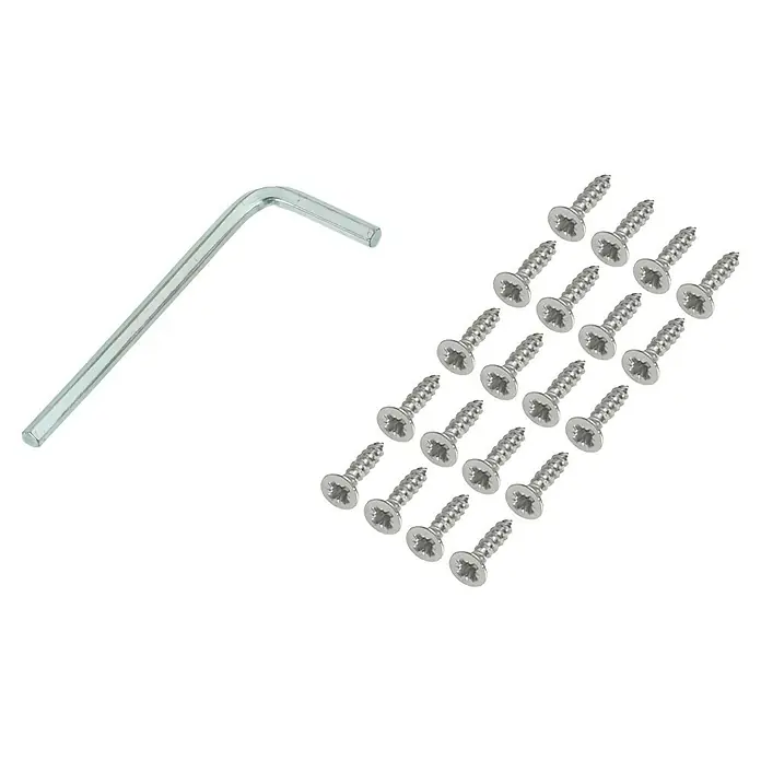 Portaferm Befestigungs-Set - Metall, Silber - Eine Nahaufnahme eines Inbusschlüssels und einer Reihe von silbernen Schrauben auf einem schwarzen Hintergrund. Für Reparaturen oder zum Zusammenbauen von Möbeln.