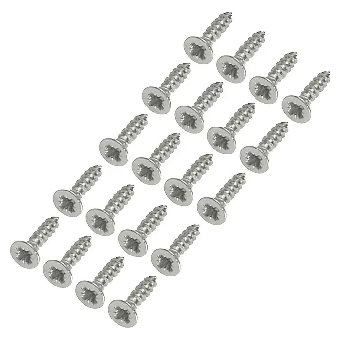 Portaferm Befestigungs-Set - Metall, Silber - Eine Nahaufnahme von silbernen Senkkopfschrauben mit Kreuzschlitzkopf, die diagonal aufgereiht sind und sich perfekt für Heimwerkerprojekte eignen.