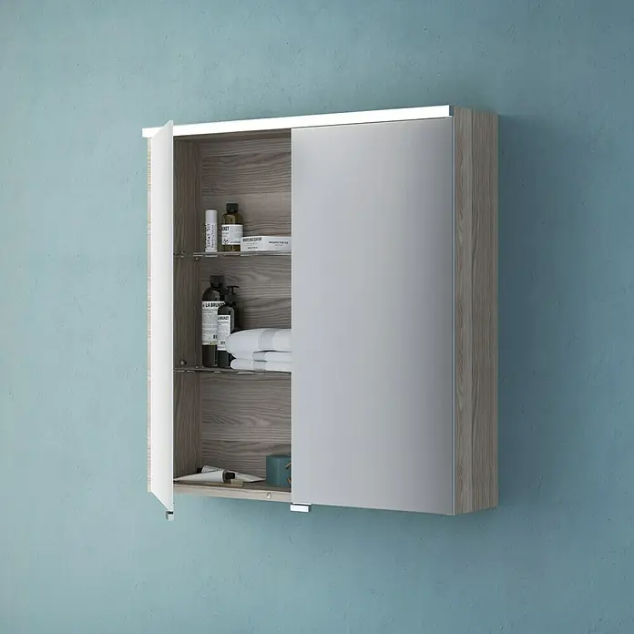 Camargue LED-Spiegelschrank Cube/Loft - B x H: 60 x 62 cm, Mit Beleuchtung, Eiche Cordoba - Ein moderner Spiegelschrank mit offenem Fach und Regalen zur Aufbewahrung von Badezimmerutensilien, ideal für stilvolle Badezimmer.