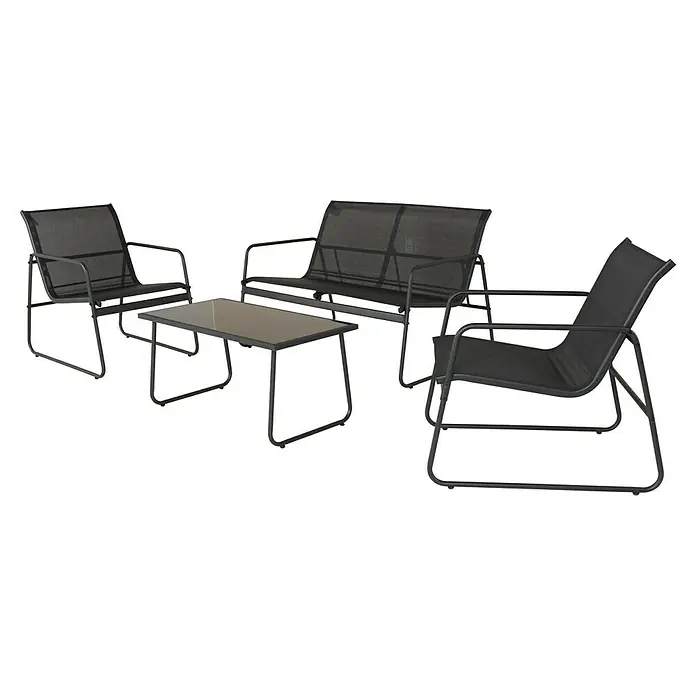 Sunfun Conjunto de muebles Deia - 4 pzs., Textiline/Acero, Antracita - Imagen de un conjunto de muebles de jardín negro compuesto por un sofá, dos sillas y una mesa, ideal para horas de relajación al aire libre.