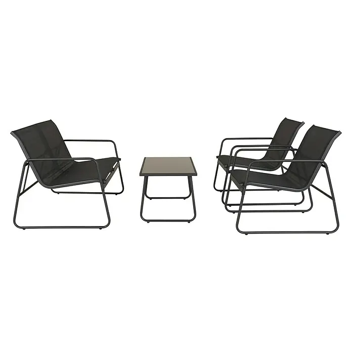 Sunfun Conjunto de muebles Deia - 4 pzs., Textiline/Acero, Antracita - La imagen muestra un conjunto de muebles de jardín que incluye cuatro sillas negras y una pequeña mesa. El mobiliario tiene un diseño moderno y minimalista.
