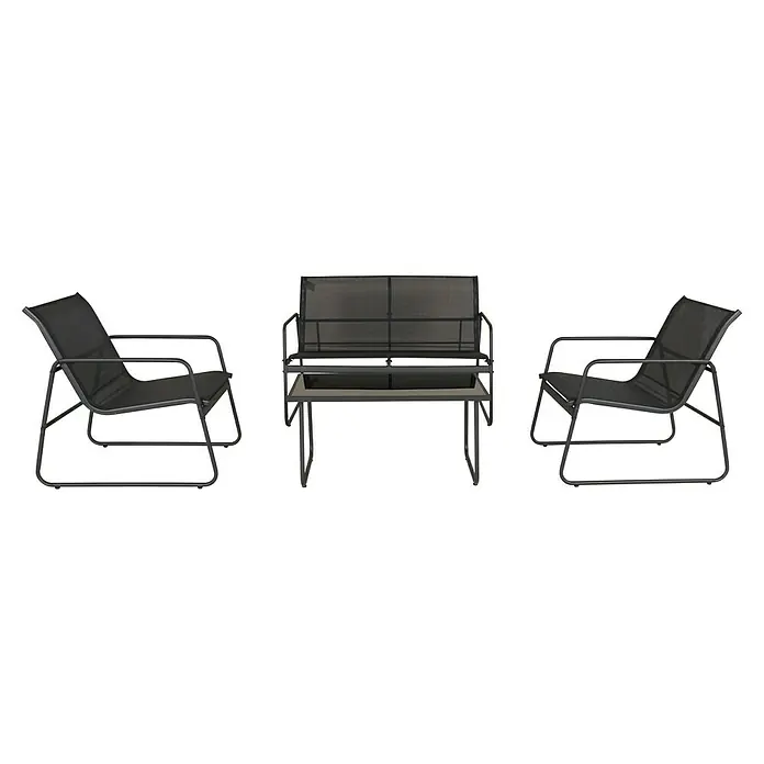 Sunfun Conjunto de muebles Deia - 4 pzs., Textiline/Acero, Antracita - Imagen de un juego de patio con dos sillas y una mesa, que consta de marcos de metal oscuro y tela de malla negra para mayor comodidad y estilo.