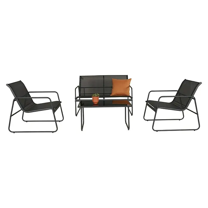 Sunfun Conjunto de muebles Deia - 4 pzs., Textiline/Acero, Antracita - Juego de muebles de exterior con dos sillas y un banco con cojín y planta en la mesa. Asientos cómodos para el exterior.
