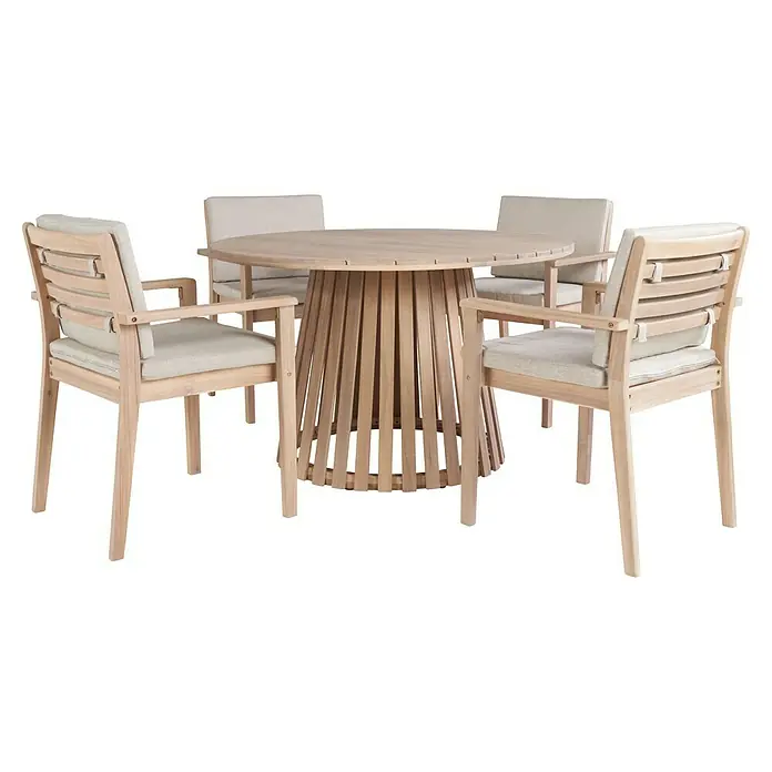 Sunfun Mesa de jardín Nour - Ø x Al: 120 x 74 cm, Madera de acacia, Natural - Una mesa de jardín de teca con sillas a juego. El conjunto incluye cómodos cojines para comidas relajadas al aire libre.