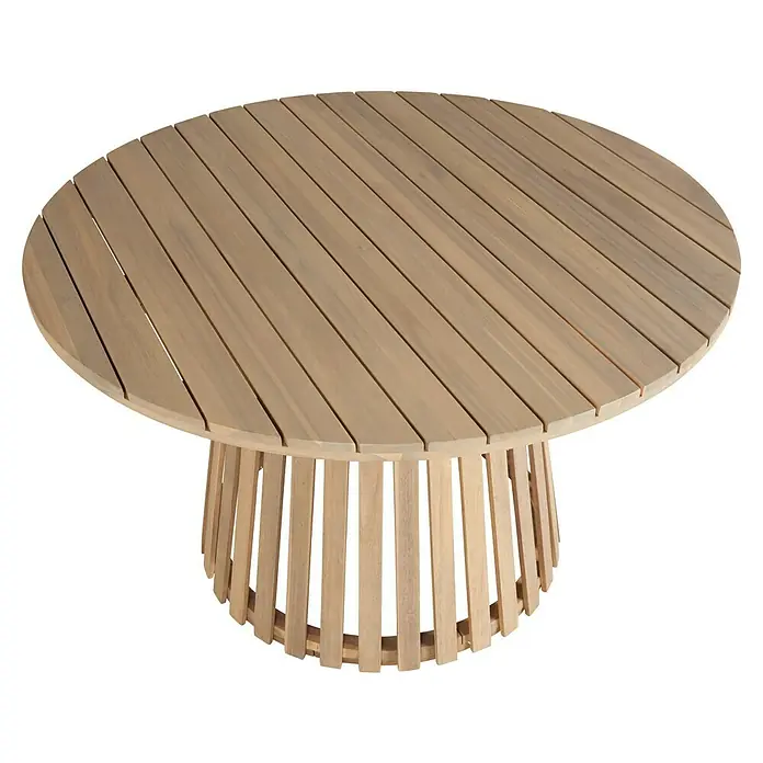 Sunfun Mesa de jardín Nour - Ø x Al: 120 x 74 cm, Madera de acacia, Natural - Mesa redonda de color madera con estructura de listones sobre fondo negro. Ideal para el jardín o el patio.
