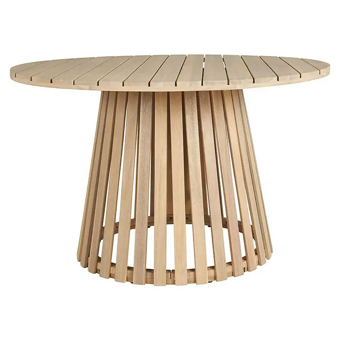 Sunfun Mesa de jardín Nour - Ø x Al: 120 x 74 cm, Madera de acacia, Natural - Una mesa de comedor redonda de madera con una base de barril hecha de listones de madera. Un diseño elegante y con estilo.