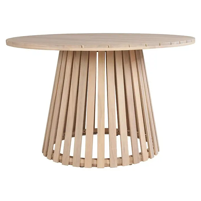 Sunfun Mesa de jardín Nour - Ø x Al: 120 x 74 cm, Madera de acacia, Natural - Imagen de una mesa redonda de madera con una base cónica hecha de listones de madera. La mesa tiene un color de madera claro y natural y está sobre un fondo negro.