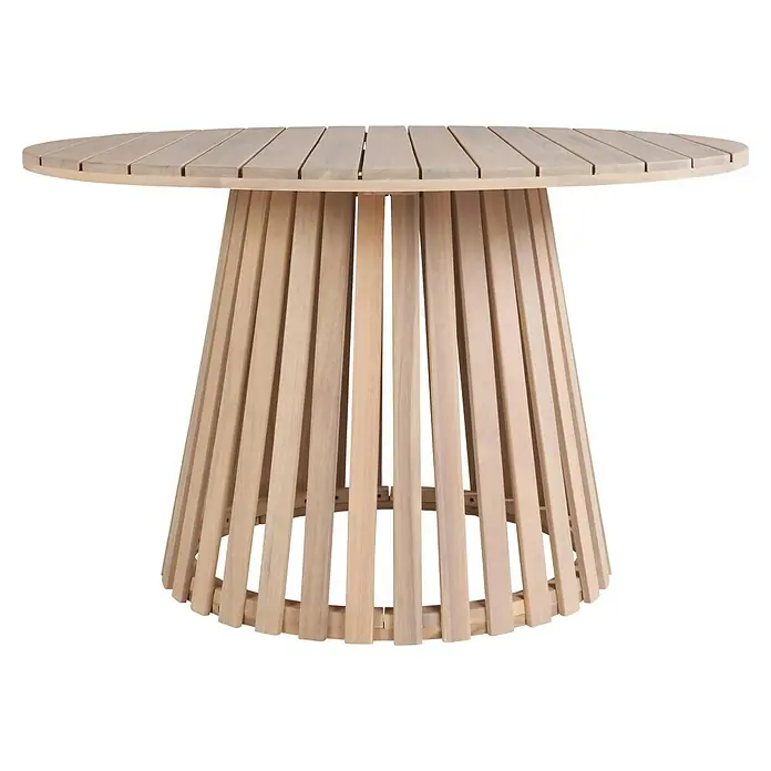 Sunfun Mesa de jardín Nour - Ø x Al: 120 x 74 cm, Madera de acacia, Natural - Imagen de una mesa redonda de madera que presenta una base única con listones. La mesa es de un tono de madera clara y se encuentra sobre un fondo negro.