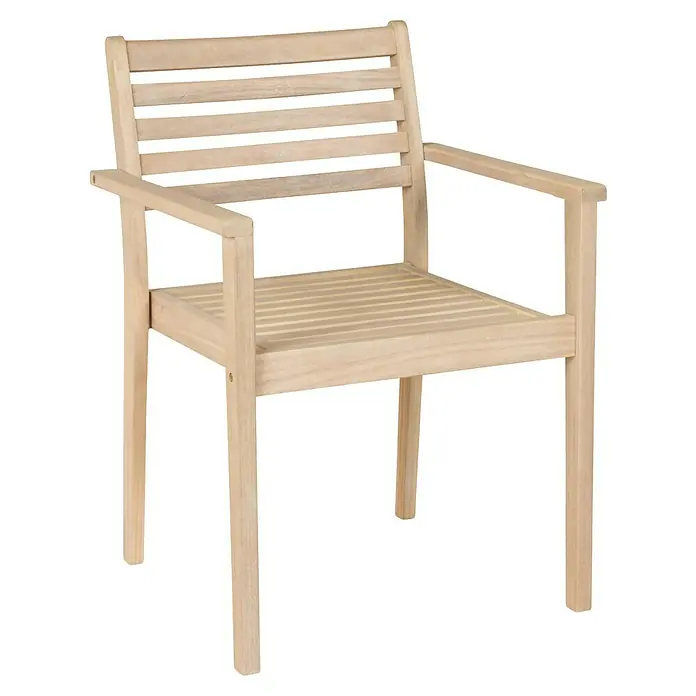 Sunfun Conjunto de muebles Nour mesa rectangular - 7 pzs., Especificación del material, Marrón - Sillón de madera con listones. La silla es de color claro y tiene un diseño moderno. Ideal para jardín y terraza.