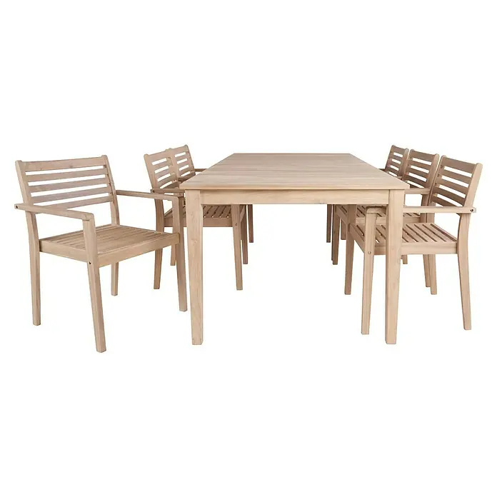 Sunfun Conjunto de muebles Nour mesa rectangular - 7 pzs., Especificación del material, Marrón - Elegante conjunto de muebles de jardín con mesa y sillas de madera clara. Perfecto para uso exterior y horas de relax en el jardín.