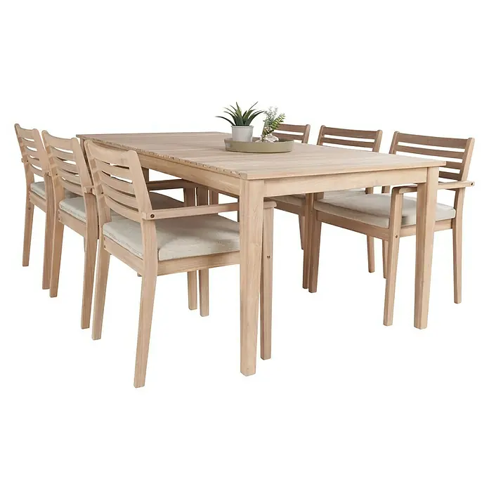 Sunfun Conjunto de muebles Nour mesa rectangular - 7 pzs., Especificación del material, Marrón - Conjunto de comedor en tono madera con mesa, seis sillas y adornos de plantas, ideal para jardín o patio. Su construcción robusta asegura durabilidad.
