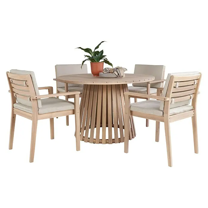 Sunfun Mesa de jardín Nour - Ø x Al: 120 x 74 cm, Madera de acacia, Natural - Elegante juego de comedor para exteriores con mesa redonda de madera y cuatro sillas a juego con cojines claros, ideal.