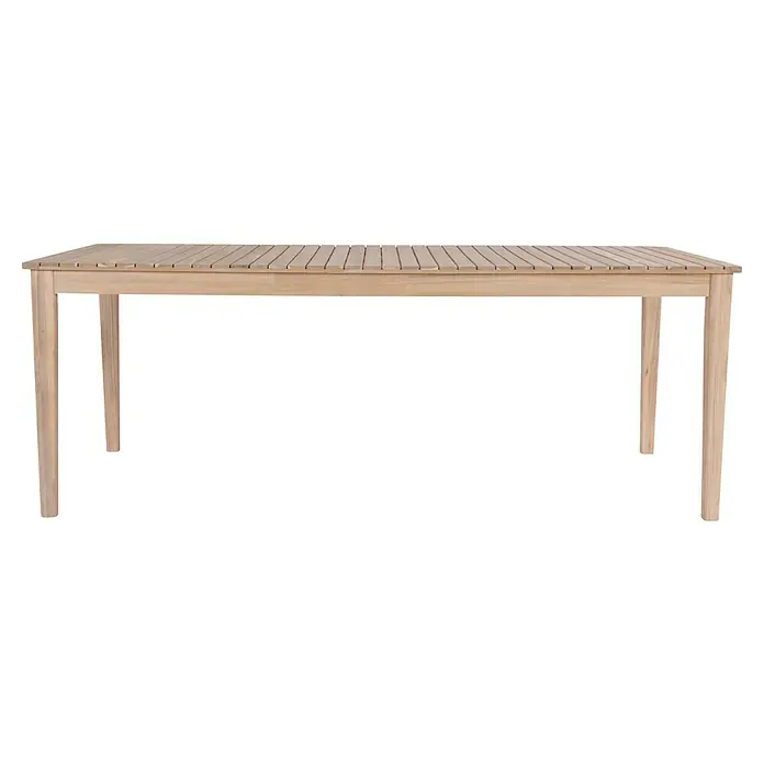 Sunfun Mesa de jardín Nour - L x An x Al: 200 x 100 x 76 cm, Madera de acacia, Natural - Imagen de una mesa rectangular de madera con tablero de listones, ideal para uso exterior y comedor elegante al aire libre.