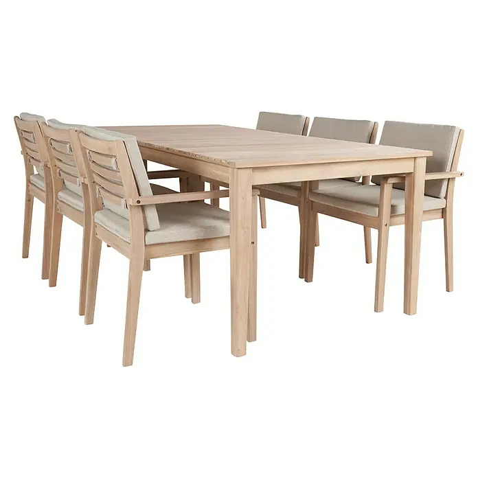 Sunfun Mesa de jardín Nour - L x An x Al: 200 x 100 x 76 cm, Madera de acacia, Natural - Un conjunto de mesa de comedor de madera clara con seis sillas. El conjunto tiene un diseño moderno y minimalista. Ideal para reuniones familiares.