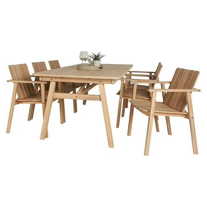 Sunfun Conjunto de muebles Aladar - 7 pzs., Madera de acacia, Natural - Un conjunto de comedor de madera con seis sillas, perfecto para el jardín o el patio, ofrece asientos al aire libre para familiares y amigos.