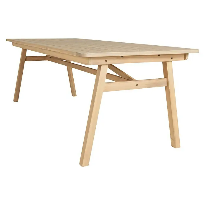 Sunfun Conjunto de muebles Aladar - 7 pzs., Madera de acacia, Natural - Aquí hay una mesa de madera marrón claro con un tablero hecho de varios listones de madera y cuatro patas con soportes transversales.