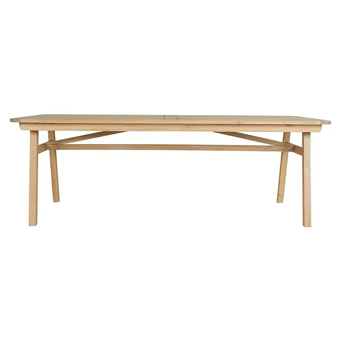 Sunfun Conjunto de muebles Aladar - 7 pzs., Madera de acacia, Natural - Esta imagen muestra una mesa de comedor de madera marrón clara con una superficie recta y patas robustas, ideal para comedores o patios.