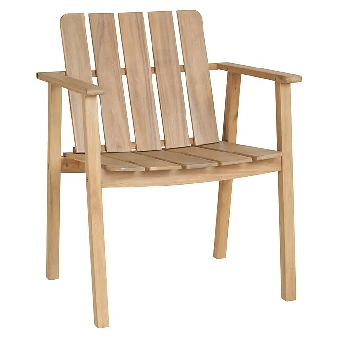 Sunfun Conjunto de muebles Aladar - 7 pzs., Madera de acacia, Natural - Una acogedora silla de madera con reposabrazos, ideal para jardín o patio, que ofrece confort y estilo rústico.