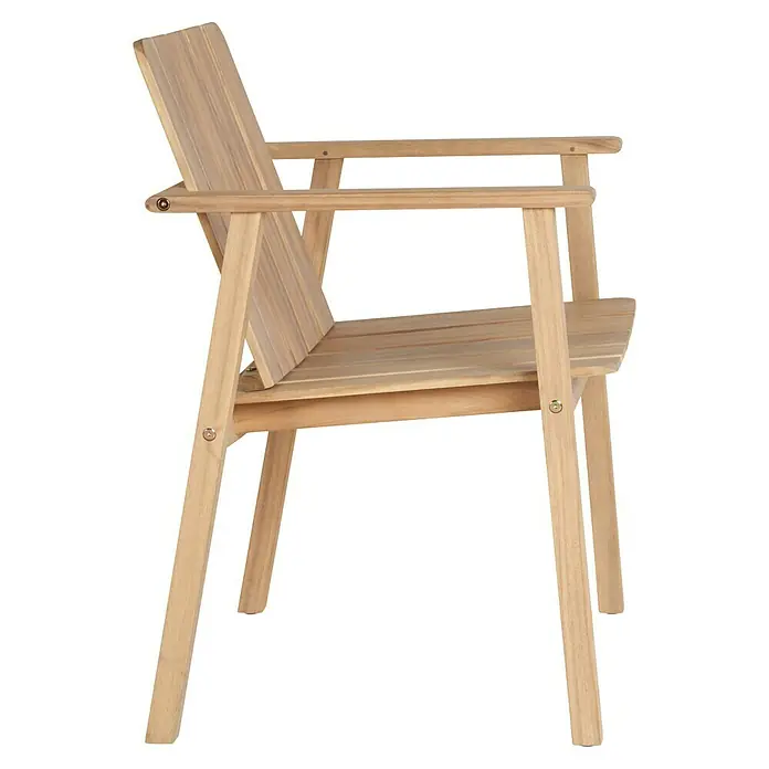 Sunfun Conjunto de muebles Aladar - 7 pzs., Madera de acacia, Natural - Sillón de madera. La silla tiene un color madera natural y un asiento cómodo. Perfecto para el jardín o la terraza.