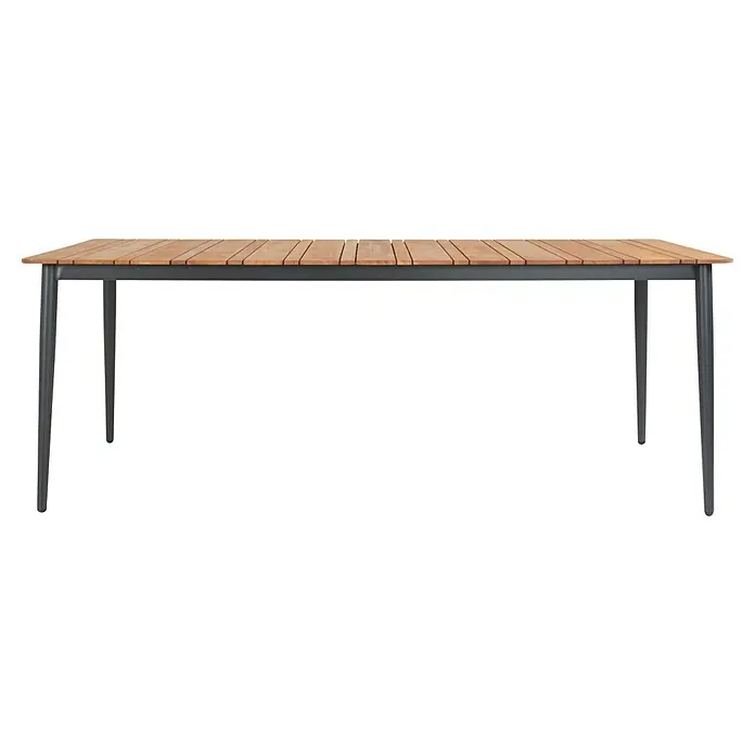 Sunfun Mesa de jardín Greta - L x An x Al: 200 x 100 x 75 cm, Acero/Teca, Antracita/Natural - Mesa de comedor rectangular con tablero de madera y estructura de metal gris, ideal para uso exterior. Diseño elegante para jardines o terrazas.