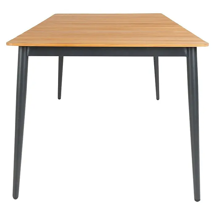 Sunfun Mesa de jardín Greta - L x An x Al: 200 x 100 x 75 cm, Acero/Teca, Antracita/Natural - Primer plano de una mesa de comedor con tablero de madera y estructura gris oscuro, aislada sobre fondo negro.