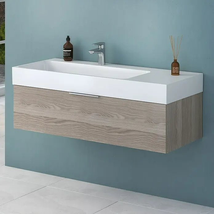 Camargue Cube Waschtischunterschrank - 120 x 48 x 30 cm, Eiche Cordoba - Modernes Badezimmer-Waschbecken mit Unterschrank in Holzoptik und weißem Aufsatzwaschbecken. Stilvolles Design für Ihr Bad.